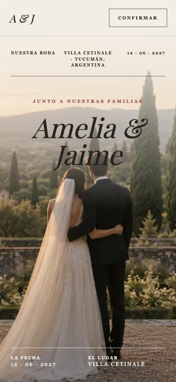 Invitación con el diseño Cetinale: portada editorial con la foto del novio y los nombres Amelia y Jaime