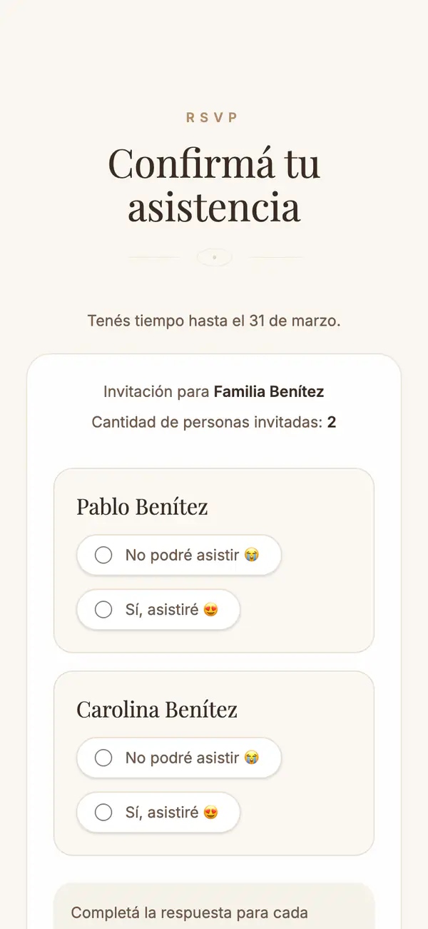 Formulario de confirmación de asistencia para la Familia Benítez, con una respuesta por persona